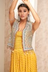 Buy_Aditi Somani_Yellow Modal Satin Embroidered Thread Jacket Bandhani Pattern Tiered Jumpsuit _Online_at_Aza_Fashions