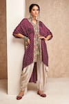 Buy_Aditi Somani_Purple Modal Satin Embroidered Thread V Neck Floral High Low Cape With Pant_at_Aza_Fashions