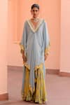 Buy_Rishi and Vibhuti_Blue Crepe Printed And Embroidered Lagoon V Neck Draped Kaftan & Flared Pant Set _at_Aza_Fashions