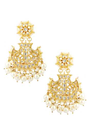 Shop_Just Shradhas_Gold Plated Floral Kundan Chandbalis With Pearl Drops _at_Aza_Fashions