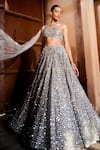 Prevasu_Grey Net Embroidery Mirror Aafreen One Shoulder Blouse And Lehenga Set _Online_at_Aza_Fashions