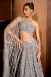 Buy_Prevasu_Grey Net Embroidery Mirror Aafreen One Shoulder Blouse And Lehenga Set _Online_at_Aza_Fashions