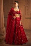 Buy_Prevasu_Red Blouse Net Embroidery 3d Flower Gul Bridal Lehenga Set _at_Aza_Fashions
