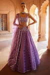 Buy_Prevasu_Purple Blouse Net Hand Block Printed Geometric Square Khuzama Lehenga Set _at_Aza_Fashions