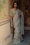 BAARO MASI_Yellow Muslin Printed Floral Flower Pre-draped Saree With Blouse _Online_at_Aza_Fashions