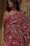 Shop_BAARO MASI_Pink Chinon Printed Bloom Sweetheart Neck Pre-draped Saree With Blouse _Online_at_Aza_Fashions