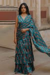 Buy_BAARO MASI_Blue Muslin Printed Rose V Neck Pre-draped Saree With Blouse _at_Aza_Fashions