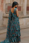 Shop_BAARO MASI_Blue Muslin Printed Rose V Neck Pre-draped Saree With Blouse _at_Aza_Fashions