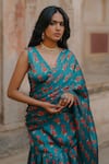 BAARO MASI_Blue Muslin Printed Rose V Neck Pre-draped Saree With Blouse _Online_at_Aza_Fashions