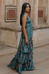 Buy_BAARO MASI_Blue Muslin Printed Rose V Neck Pre-draped Saree With Blouse _Online_at_Aza_Fashions