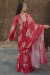 Buy_BAARO MASI_Red Muslin Printed Florette Plunge V Neck Pre-draped Saree With Blouse _at_Aza_Fashions