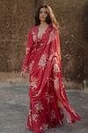 Buy_BAARO MASI_Red Muslin Printed Florette Plunge V Neck Pre-draped Saree With Blouse _Online_at_Aza_Fashions