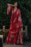 Shop_BAARO MASI_Red Muslin Printed Florette Plunge V Neck Pre-draped Saree With Blouse _Online_at_Aza_Fashions