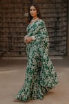 BAARO MASI_Green Modal Cotton Printed Botanical Sweetheart Pre-draped Saree With Blouse _Online_at_Aza_Fashions