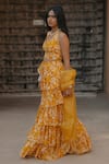 Shop_BAARO MASI_Yellow Vegan Crepe Printed Floral Halter Neck Bloom Skirt Set _Online_at_Aza_Fashions