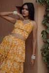 BAARO MASI_Yellow Vegan Crepe Printed Floral Halter Neck Bloom Skirt Set _at_Aza_Fashions