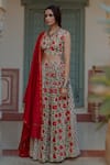 Shop_BAARO MASI_Red Muslin Printed Floral V Neck Lehenga Set _Online_at_Aza_Fashions