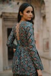 Buy_BAARO MASI_Blue Organza Printed Moroccan Floral Deep V Neck Peplum Kurta Sharara Set _Online_at_Aza_Fashions