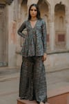 Shop_BAARO MASI_Blue Organza Printed Moroccan Floral Deep V Neck Peplum Kurta Sharara Set _Online_at_Aza_Fashions