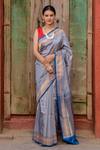 Buy_Naaritva India_Gray Kota Doria Zari Leaf Pattern Banarasi Saree With Running Blouse_at_Aza_Fashions