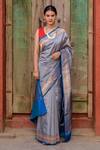 Naaritva India_Gray Kota Doria Zari Leaf Pattern Banarasi Saree With Running Blouse_Online_at_Aza_Fashions