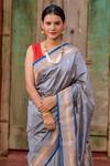 Buy_Naaritva India_Gray Kota Doria Zari Leaf Pattern Banarasi Saree With Running Blouse_Online_at_Aza_Fashions