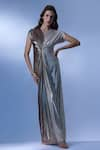 Buy_Cham Cham_Gold Stretch Knit Foil Plain V Neck Dichromatic Shimmer Finish Gown _at_Aza_Fashions