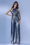 Buy_Cham Cham_Blue Stretch Knit Foil Plain Halter Neck Shimmer Finish Jumpsuit _at_Aza_Fashions