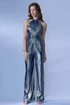 Buy_Cham Cham_Blue Stretch Knit Foil Plain Halter Neck Shimmer Finish Jumpsuit _Online_at_Aza_Fashions