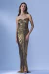 Buy_Cham Cham_Gold Stretch Knit Foil Plain Sweetheart Neck Shimmer Finish Tube Gown _at_Aza_Fashions