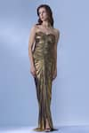 Buy_Cham Cham_Gold Stretch Knit Foil Plain Sweetheart Neck Shimmer Finish Tube Gown _Online_at_Aza_Fashions