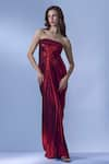 Buy_Cham Cham_Red Stretch Knit Foil Plain Straight Neck Metallic Finish Gown _at_Aza_Fashions