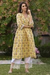 Charu Makkar Yellow Cotton Embroidery V-neck Floral Print Kurta Set Online at Aza Fashions Charu Makkar_Yellow Cotton Embroidery V-neck Floral Print Kurta Set_Online_at_Aza_Fashions