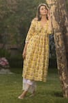Shop Charu Makkar Yellow Cotton Embroidery V-neck Floral Print Kurta Set Online at Aza Fashions Shop_Charu Makkar_Yellow Cotton Embroidery V-neck Floral Print Kurta Set_Online_at_Aza_Fashions