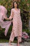 Buy_Charu Makkar_Peach Chanderi Print Floral V Neck Rose Bouquet Kurta Set _Online_at_Aza_Fashions