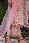 Buy_Charu Makkar_Peach Chanderi Print Floral V Neck Rose Bouquet Kurta Set 