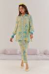 Shop_172 THREADS_Green Crepe Printed Floral Collared Neck Shirt Kurta And Pant Set_at_Aza_Fashions