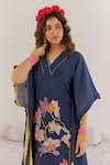 172 THREADS_Blue Crepe Printed Floral V Neck Beads Embroidered Kaftan And Pant Set  _Online_at_Aza_Fashions