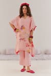 Buy_172 THREADS_Peach Crepe Printed Floral V Neck Beads Hand Work Kaftan And Pant Set  _at_Aza_Fashions