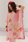 172 THREADS_Peach Crepe Printed Floral V Neck Beads Hand Work Kaftan And Pant Set  _Online_at_Aza_Fashions