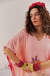 Buy_172 THREADS_Peach Crepe Printed Floral V Neck Beads Hand Work Kaftan And Pant Set_Online_at_Aza_Fashions