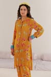 172 THREADS_Yellow Crepe Printed Floral Band Collar Kurta And Cowl Dhoti Pant Set_Online_at_Aza_Fashions