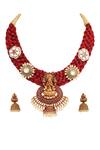 Shop_Tizora_Gold Plated Pearls, Stones, Gota Patti Handcrafted Temple Necklace Set _at_Aza_Fashions