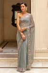 Buy_Geroo Jaipur_Grey Chiffon Embroidered Aari Saree With Unstitched Blouse Piece_at_Aza_Fashions