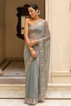 Buy_Geroo Jaipur_Grey Chiffon Embroidered Aari Saree With Unstitched Blouse Piece_Online_at_Aza_Fashions