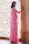 Geroo Jaipur_Pink Chiffon Sequins, Floral Hand Embroidered Saree With Unstitched Blouse Piece _Online_at_Aza_Fashions