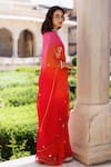 Geroo Jaipur_Pink Chiffon Hand Peacock Motif Shaded Saree With Unstitched Blouse Piece _Online_at_Aza_Fashions