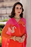 Geroo Jaipur_Pink Chiffon Hand Peacock Motif Shaded Saree With Unstitched Blouse Piece _at_Aza_Fashions