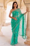 Geroo Jaipur_Blue Chiffon Hand Embroidered Floral Pattern Saree With Unstitched Blouse Piece _Online_at_Aza_Fashions