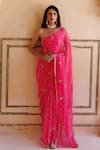 Buy_Geroo Jaipur_Pink Chiffon Hand Embroidered Flower Pattern Saree With Unstitched Blouse Piece _at_Aza_Fashions